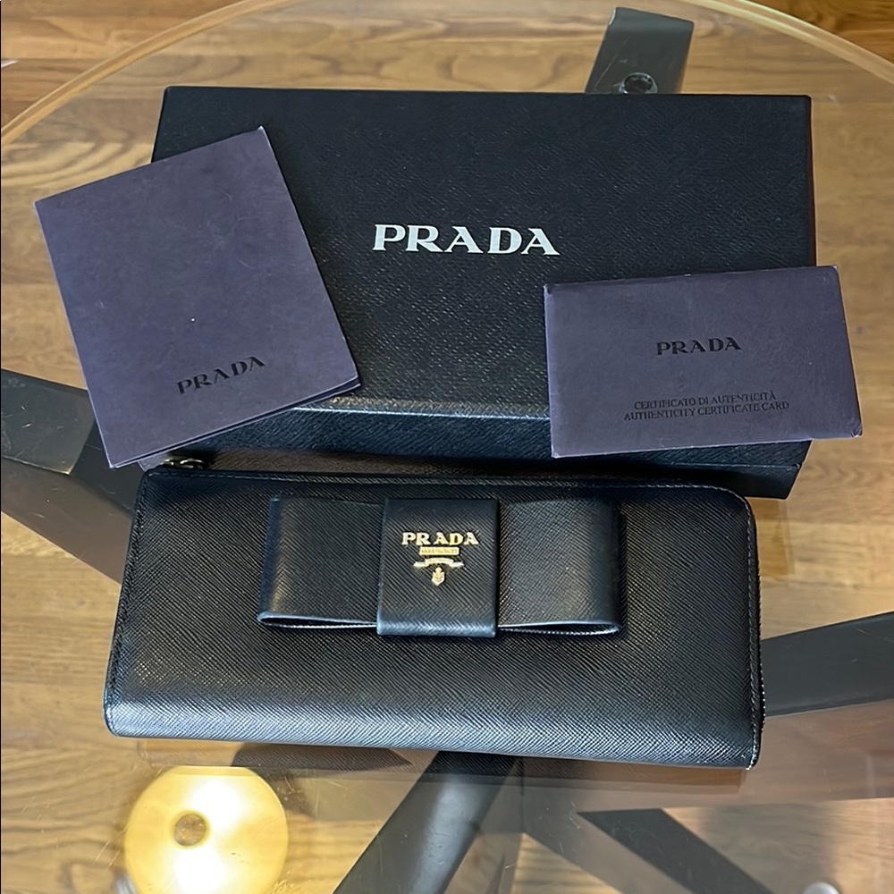 Prada Black Saffiano Leather Wallet with Bow